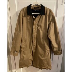 Zara Mens Tan Car Trench Coat Gray Collar Plaid Lining Zip Out Liner Large